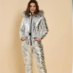 Aurgelmir Metallic Silver Ski Coverall Jumpsuit W/ Removable Hoodie & Belt Sz XL